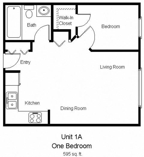 Floor plan for 1 bed, 1 bath, 595 sqft